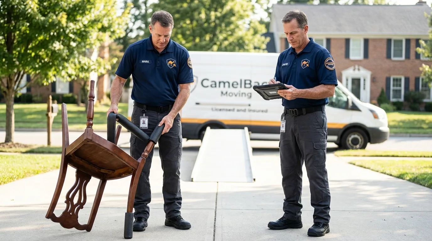 Movers inspecting furniture for damage prevention before loading in Theodore, AL